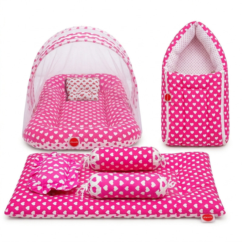 VParents Cotton Baby Bed Sized Bedding Set(Pink, 1 Baby bed with mosquito net and Pillow, 1 Sleeping bag, 1 baby bed 1 Pillow and 2 bolsters)