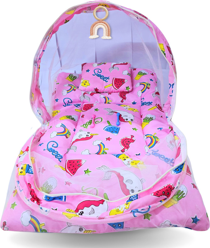 First Vision Cotton Baby Bed Sized Bedding Set(Pink, 1 Pc Baby Mosquito Net, 1 Pc Pillow)