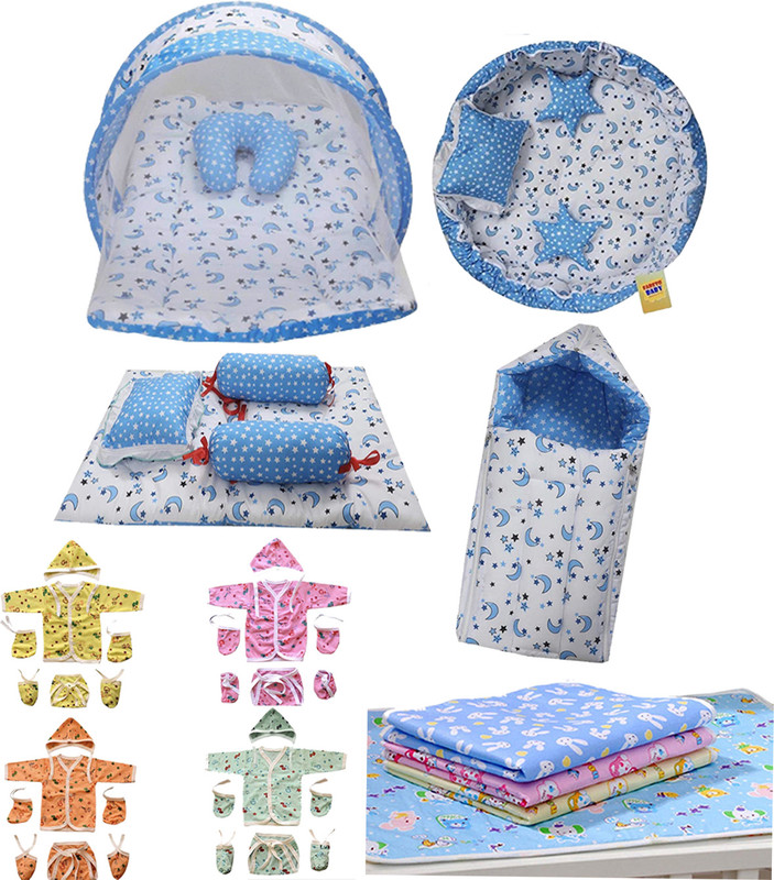 Fareto Cotton Baby Bed Sized Bedding Set(Blue, 1 Mattress with net, 1 Sleeping Bag, 4 pcs Bedding Set, 4 plastic sheets, 20 dresses, 4 pcs nest set)