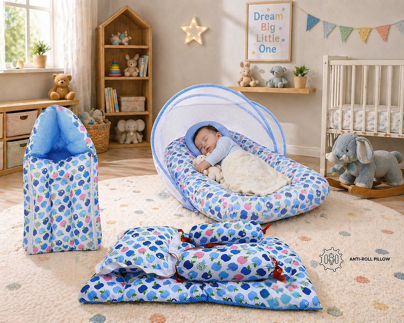 NeuuLife Cotton Baby Bed Sized Bedding Set(Apple Blue, 1 Pillow, 1 Mosquito Net, 1 Sleeping Bag, 2 Massan, 1 Square Pillow, 1 Mattress)