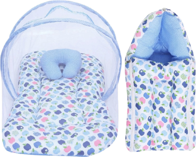 NeuuLife Cotton Baby Bed Sized Bedding Set(Apple Blue, 1 Baby Bedding Mosquito Net | 1 Baby Pillow)