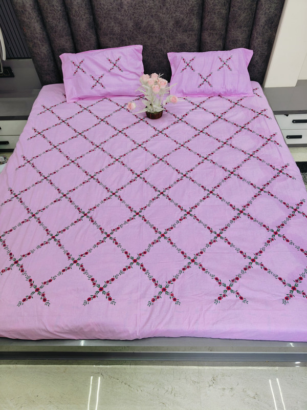 H.H.COLLECTION Cotton Double, King Flat 200 TC Embroidered 1 Bedsheet with 2 Pillow Covers(Pink)