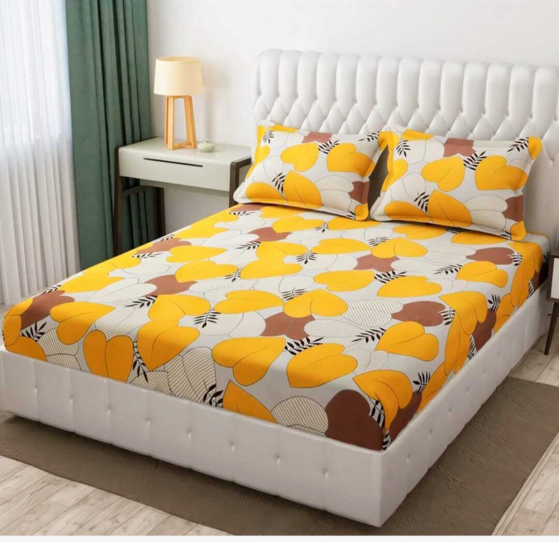 Tiwanshi Polyester Double Fitted (Elastic) 350 TC Printed 1 Bedsheet with 2 Pillow Covers(yeiiow21)