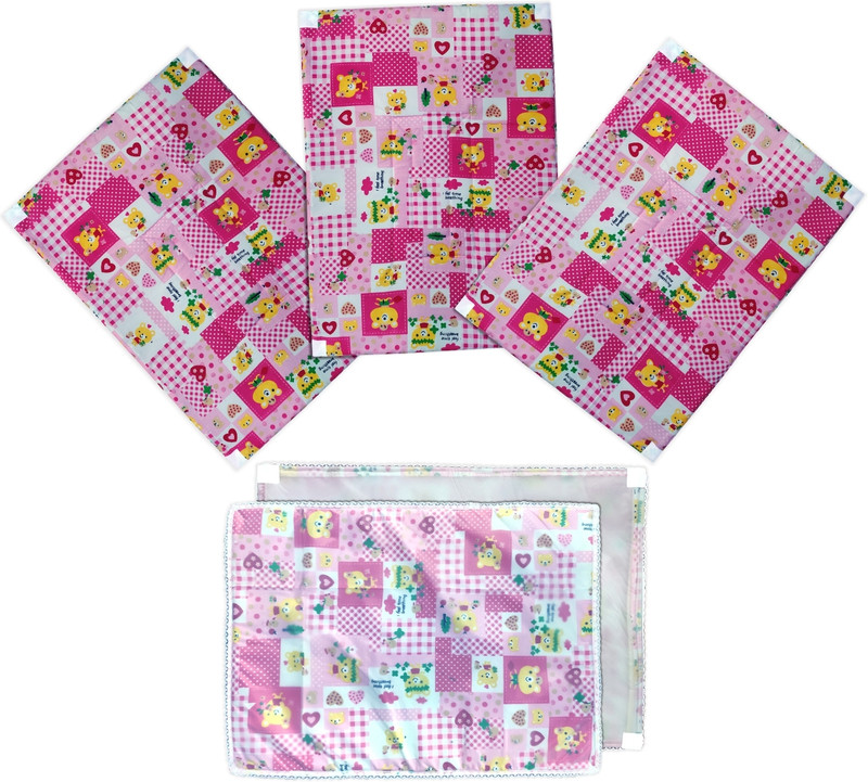 Parveen Enterprises Polycotton Crib Flat 2 TC Printed 3 Bedsheets with 6 Pillow Covers(CRIB-SEET-004-PINK)