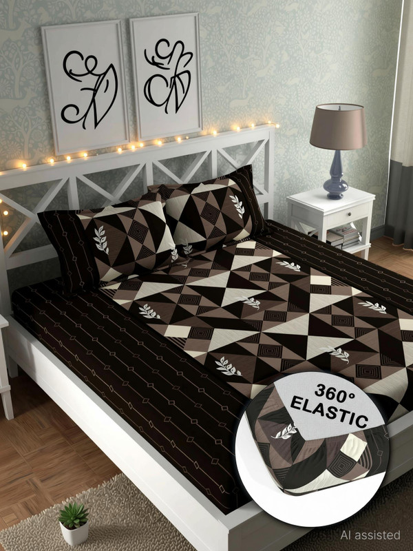 CG Homes Cotton Double Fitted (Elastic) 180 TC Floral 1 Bedsheet with 2 Pillow Covers(Brown)