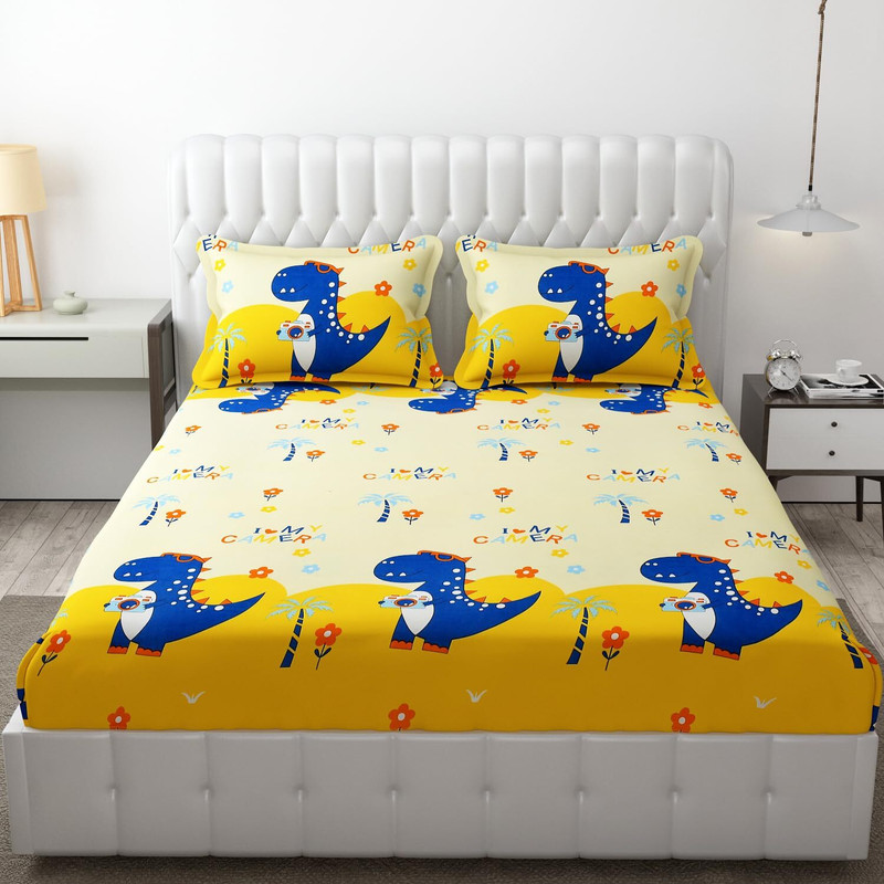 kitchDeco Polycotton Double Flat 180 TC Printed 1 Bedsheet with 2 Pillow Covers(Camera Dinosaurs)