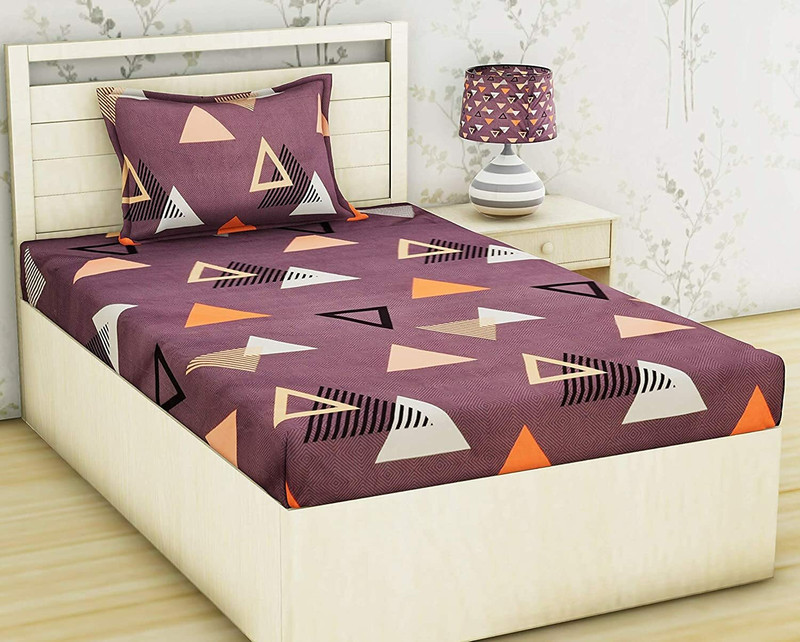 BREVARD Polycotton Single Flat 210 TC Abstract 1 Bedsheet with 2 Pillow Covers(Purple)