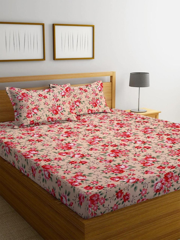 Ymoria Polycotton Double Fitted (Elastic) 90 TC Printed 1 Summer Bedsheet with 2 Pillow Covers(Pink)