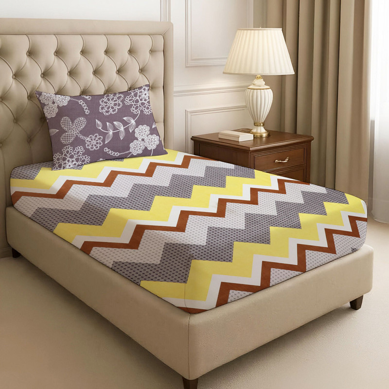 BharatLinen Polyester Single Flat 144 TC Jaipuri Prints 1 Bedsheet with 2 Pillow Covers(Geomatric Pattern with Yellow)
