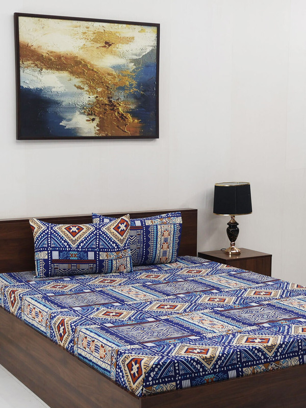 Steve and Anderson Microfiber Double Flat 160 TC Geometric 1 Bedsheet with 2 Pillow Covers(Beige)