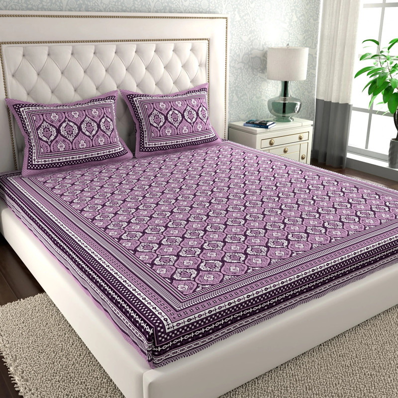 LA VERNE Cotton King Flat 120 TC Motifs 1 Bedsheet with 2 Pillow Covers(Purple)