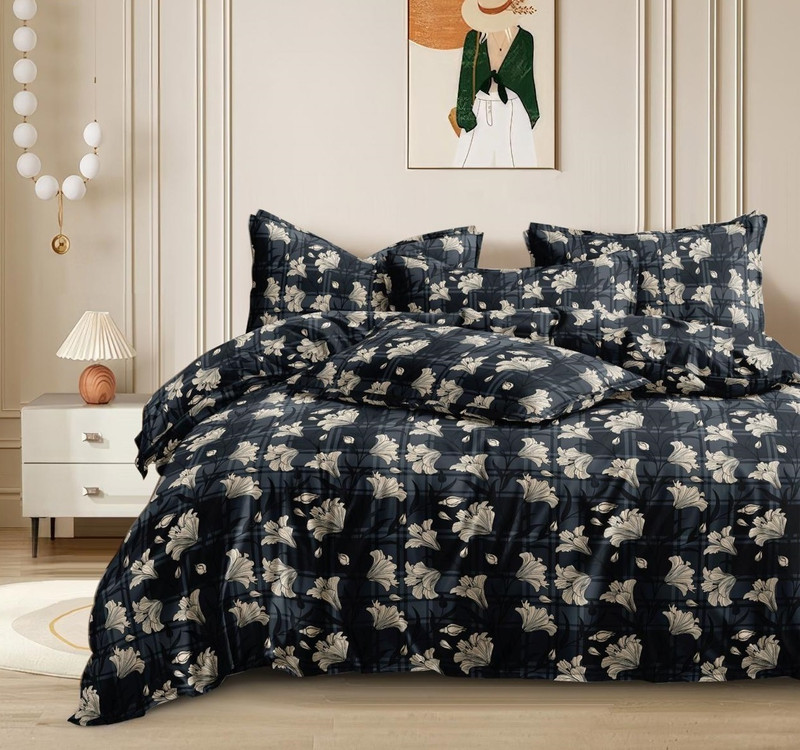 AVINYA Cotton Single Fitted (Elastic) 220 TC Checkered 1 Bedsheet with 2 Pillow Covers(Flower on Black)