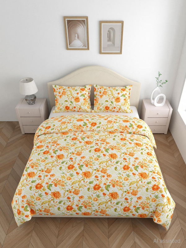 haus & kinder Microfiber Double Flat 200 TC Printed 1 Bedsheet with 2 Pillow Covers(Blue)