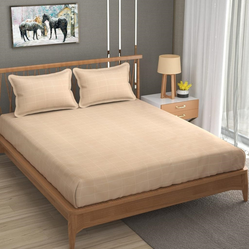 S.S Enterprises Polyester Double Flat 200 TC Checkered 1 Bedsheet with 2 Pillow Covers(Beige)