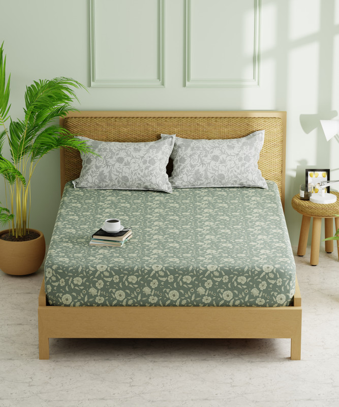 Kopa Microfiber Double Fitted (Elastic) 152 TC Floral 1 Bedsheet with 2 Pillow Covers(Green)