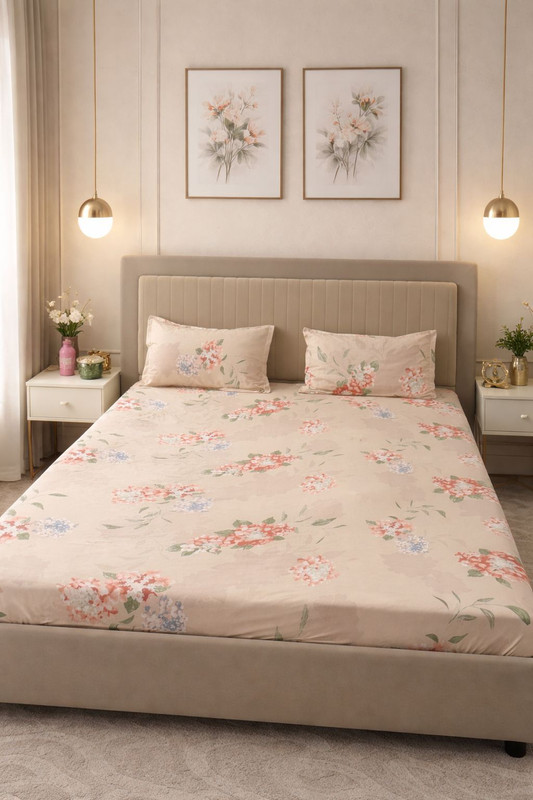 Jeeva Enterprises Cotton Double Fitted (Elastic) 200 TC Floral 1 Summer Bedsheet with 2 Pillow Covers(Dusty Pink)