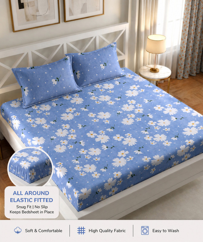 IWS Cotton Double Fitted (Elastic) 160 TC Floral 1 Bedsheet(Blue)