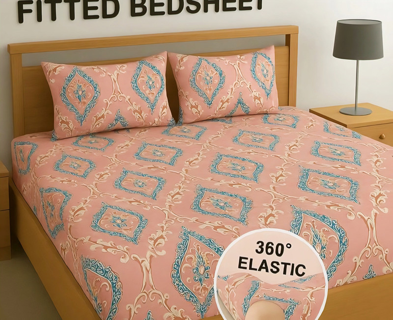 Tiwanshi Microfiber Double Fitted (Elastic) 350 TC Self Design 1 Bedsheet with 2 Pillow Covers(Red pink)