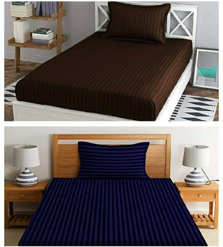 BLENZZA DECO Cotton Single Flat 210 TC Striped 2 Bedsheets with 4 Pillow Covers(Brown & Navy Blue)