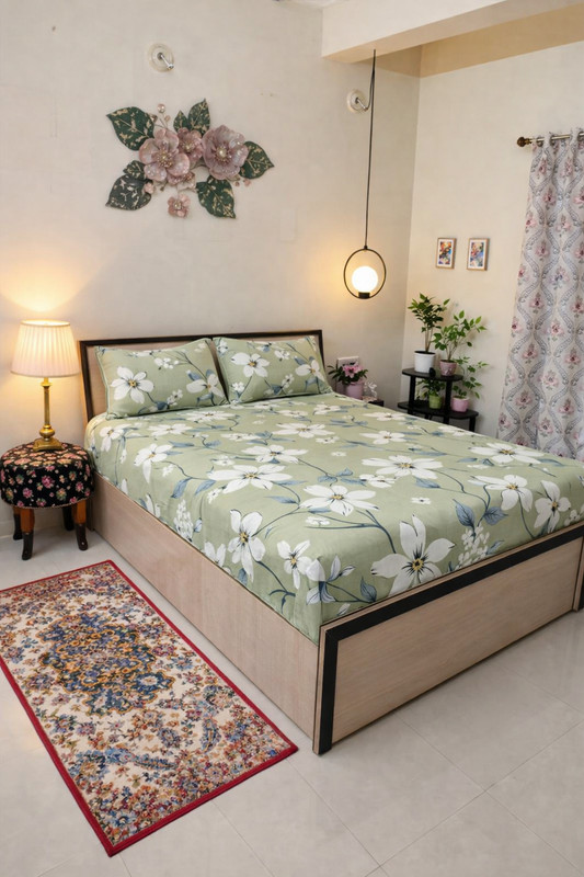 ElvyaLiving Cotton Blend Queen Flat 100 TC Floral 1 Bedsheet(Green)
