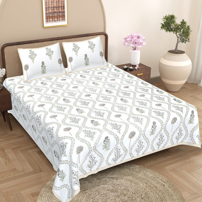 Sanganari print Cotton King Fitted (Elastic) 450 TC Jaipuri Prints 1 Bedsheet with 2 Pillow Covers(White)