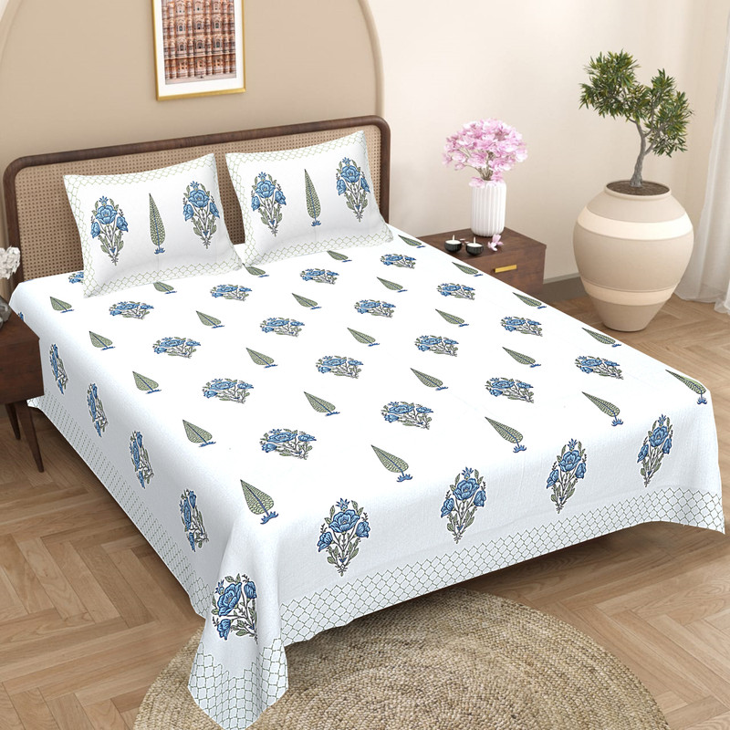 SANGANRI PRINTE Cotton King Fitted (Elastic) 310 TC Printed 1 Bedsheet with 2 Pillow Covers(White)