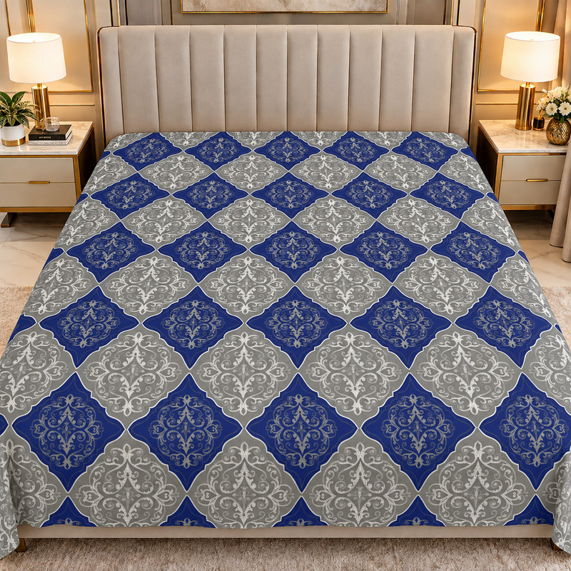 DREAM LIVING Microfiber Double Flat 110 TC Printed 1 Bedsheet(Blue,Grey)