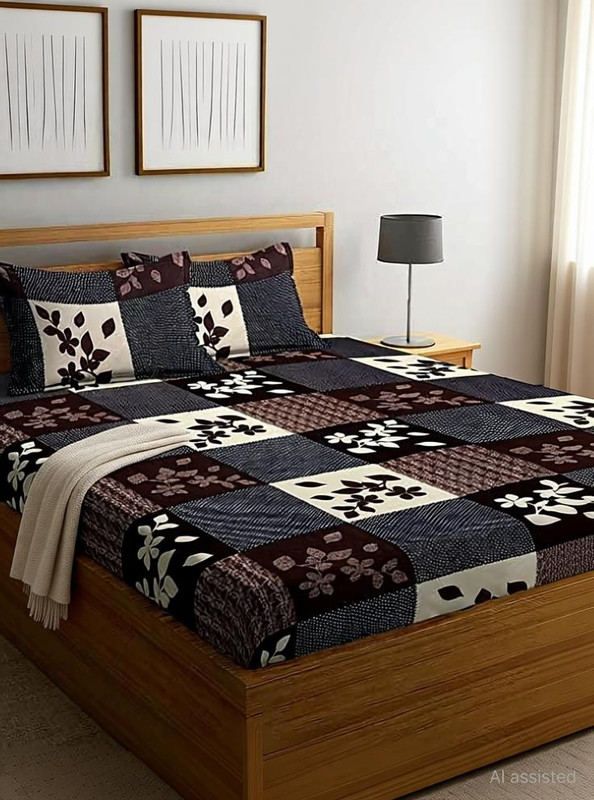 ChhabraTexcofab Polycotton Double Flat 150 TC Floral 1 Summer Bedsheet with 2 Pillow Covers(Brown)
