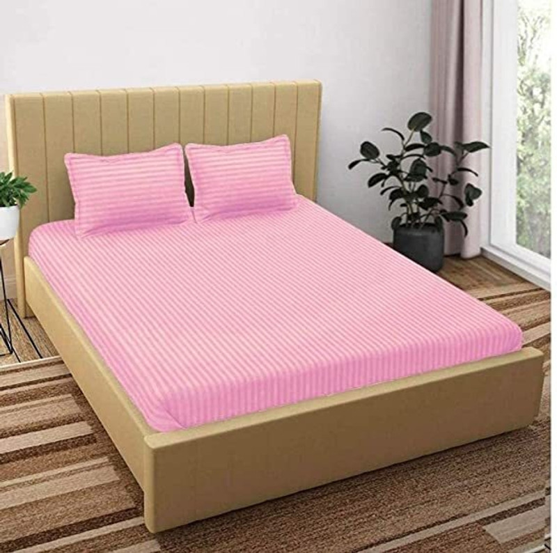 Harbell Home Cotton King Fitted (Elastic) 300 TC Striped 1 Bedsheet with 2 Pillow Covers(Pink)