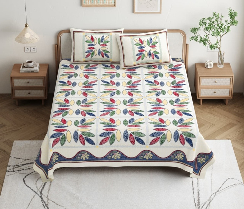 SUKHDEV HANDLOOM Cotton King Flat 210 TC Text Print 1 Summer Bedsheet with 2 Pillow Covers(5)