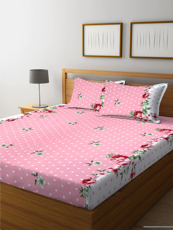 FANGLED Cotton Double Fitted (Elastic) 180 TC Floral 1 Bedsheet with 2 Pillow Covers(Pink White Floral)