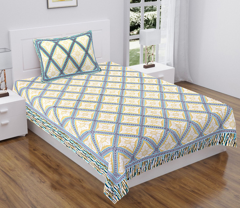 Ecom Studio Cotton Single Flat 210 TC Abstract 1 Bedsheet with 2 Pillow Covers(C Blue)