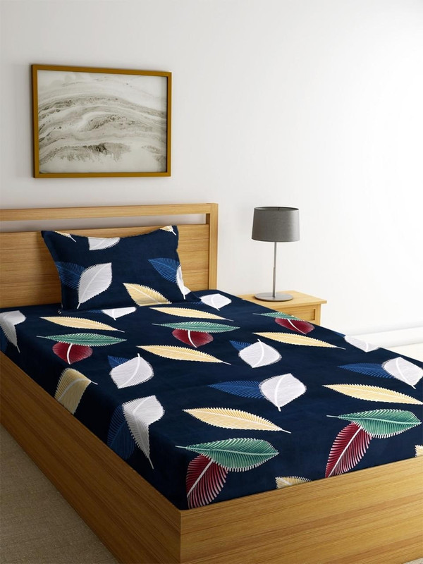 Yamoria Polycotton Single Flat 210 TC Geometric 1 Summer Bedsheet(Dark Blue)