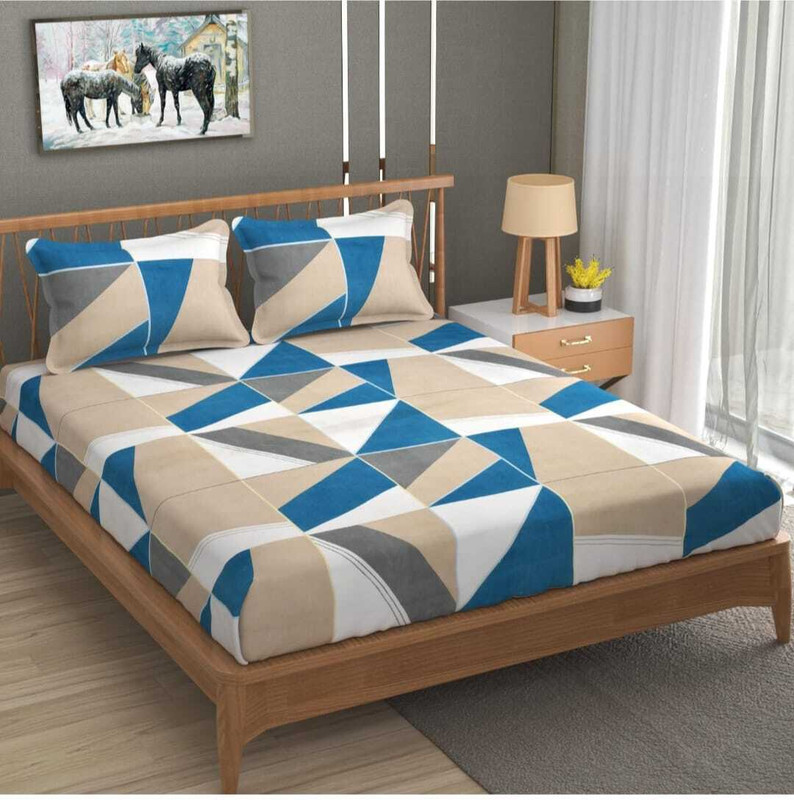 ZUVAA Cotton Blend Queen Fitted (Elastic) 300 TC 3D Printed 1 Bedsheet with 2 Pillow Covers(beige&blue)