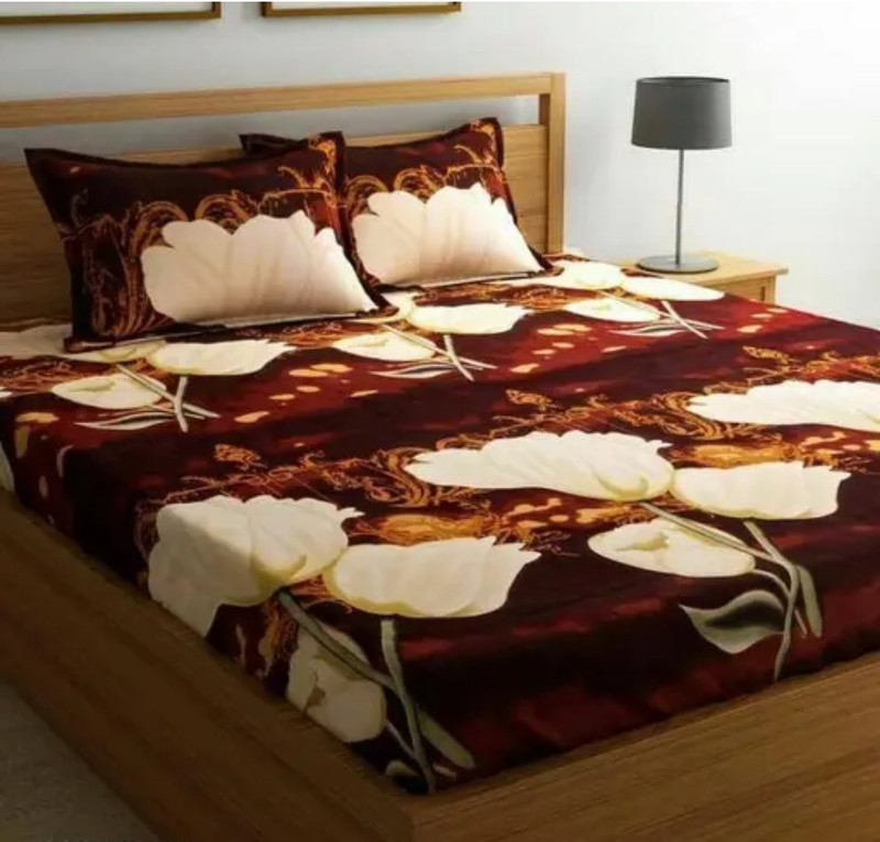 accoun Linen Cotton Double Flat 1 TC 3D Printed 1 AC Bedsheet with 2 Pillow Covers, 1 Cushion Covers(brown colour badseet dubial)