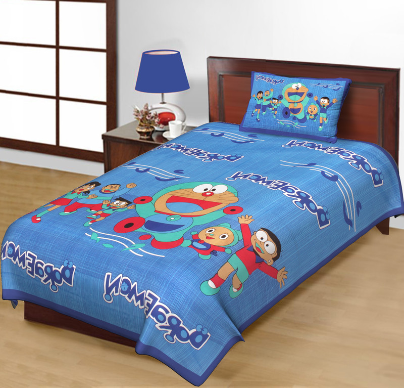 BEDOPS Cotton Single Flat 140 TC Cartoon 1 Bedsheet with 2 Pillow Covers(Blue)