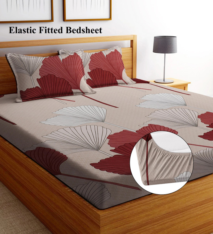 Shruvis Ekart Cotton Double Fitted (Elastic) 244 TC Floral 1 Bedsheet with 2 Pillow Covers(Red, Orange)
