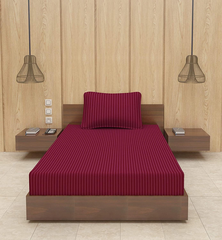t tungol Satin Single Flat 310 TC Striped 1 Bedsheet with 2 Pillow Covers(Maroon)