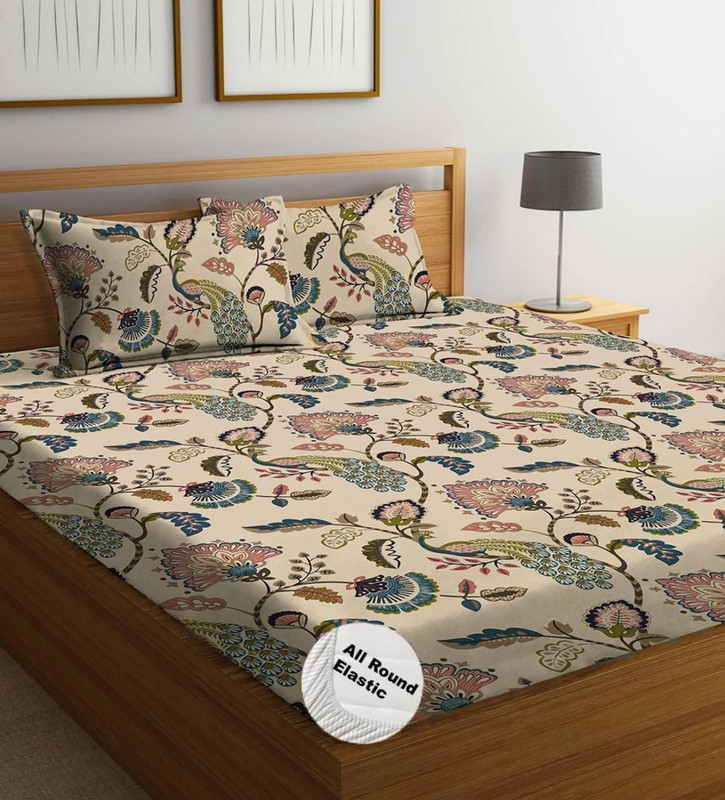 ranahandloom Cotton Blend, Cotton King, Queen, Double Fitted (Elastic) 320 TC Floral 1 Bedsheet with 2 Pillow Covers(Multicolor)