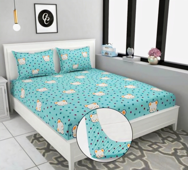 Tiwanshi Cotton Double Fitted (Elastic) 220 TC Printed 1 Bedsheet with 2 Pillow Covers(zebra new)