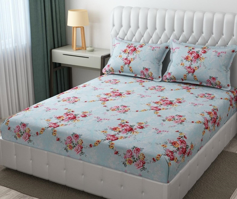 Fabricora Cotton Double Fitted (Elastic) 240 TC 3D Printed 1 Bedsheet(Sky)