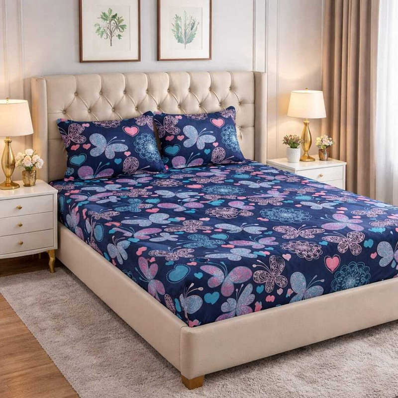 Haryana Bazaar Cotton Double Fitted (Elastic) 160 TC 3D Printed 1 Bedsheet(Blue)