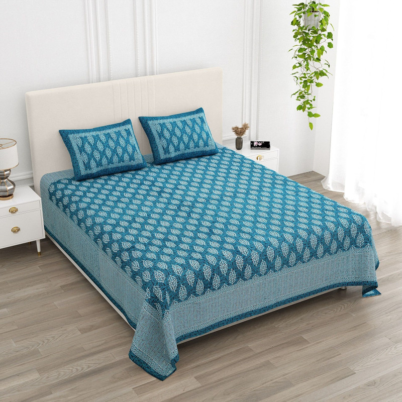 BharatLinen Polyester Double Flat 122 TC Text Print 1 Bedsheet with 2 Pillow Covers(Sea Green, Dark Blue)