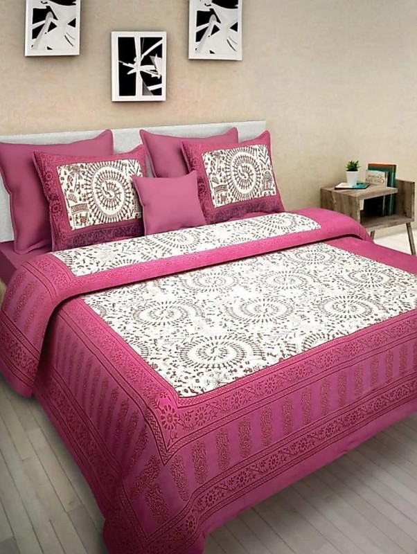 RACHANAEXPORT Cotton Double Flat 144 TC Jaipuri Prints 1 Bedsheet with 2 Pillow Covers(Pink)