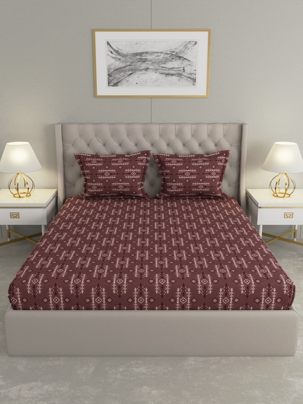 Raymond Home Microfiber Double Flat 110 TC Geometric 1 Bedsheet with 2 Pillow Covers(Brown)