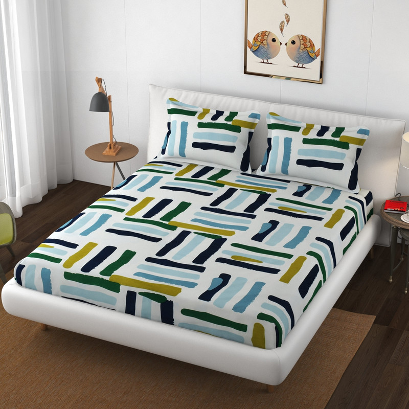 Sample Cotton Queen Fitted (Elastic) 210 TC Printed 1 Bedsheet with 2 Pillow Covers(Multicolor)
