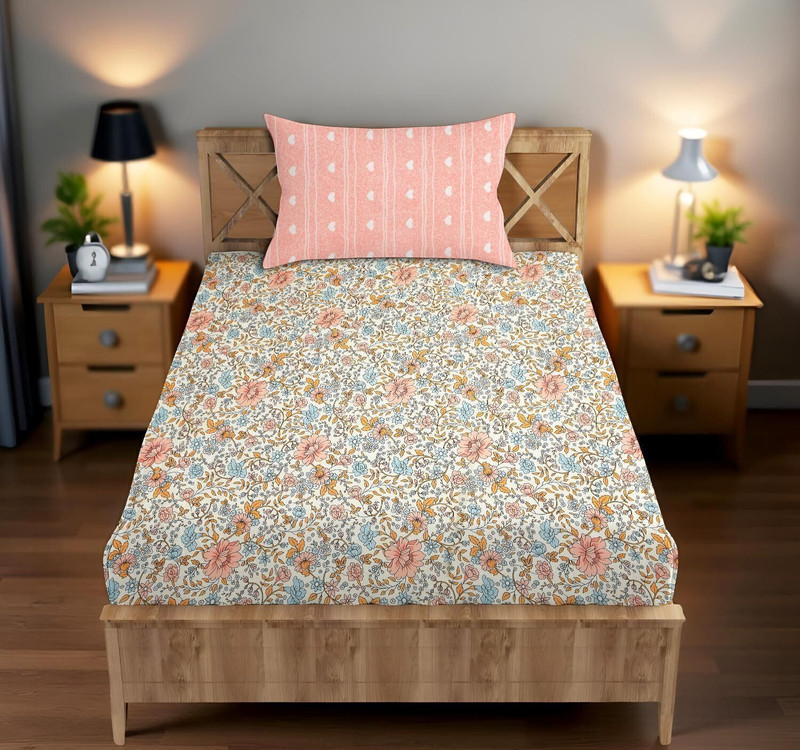 BharatLinen Polyester Single Flat 240 TC Floral 1 Bedsheet with 2 Pillow Covers(Pink with white stripes)