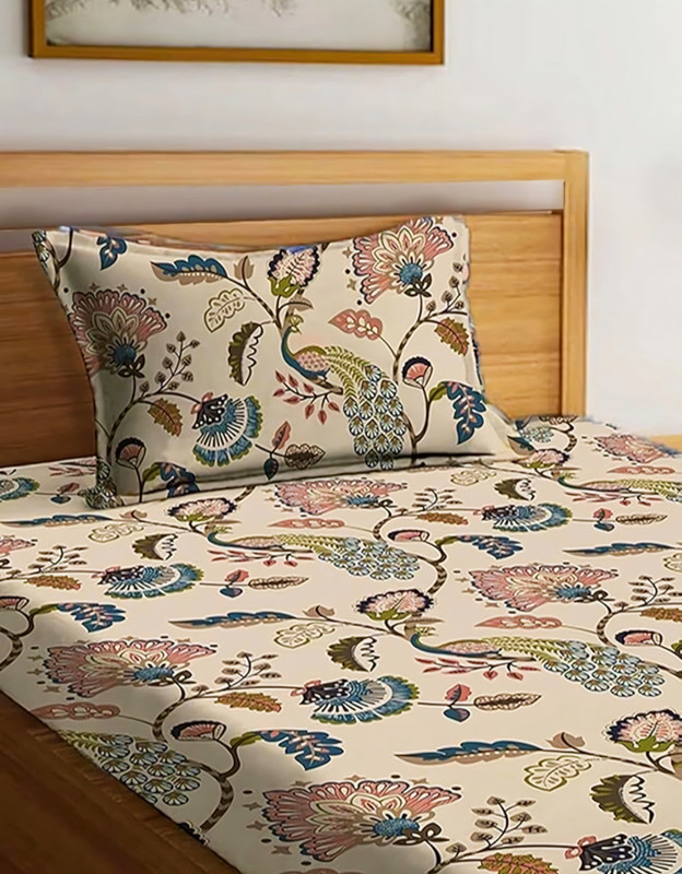 Tiwanshi Polyester Single Fitted (Elastic) 220 TC Printed 1 Bedsheet with 2 Pillow Covers(MOR PANKH)