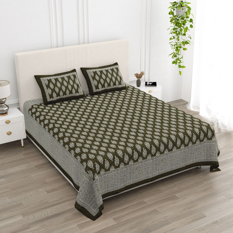 BharatLinen Polyester King Flat 144 TC Jaipuri Prints 1 Bedsheet with 2 Pillow Covers(Olive Green)