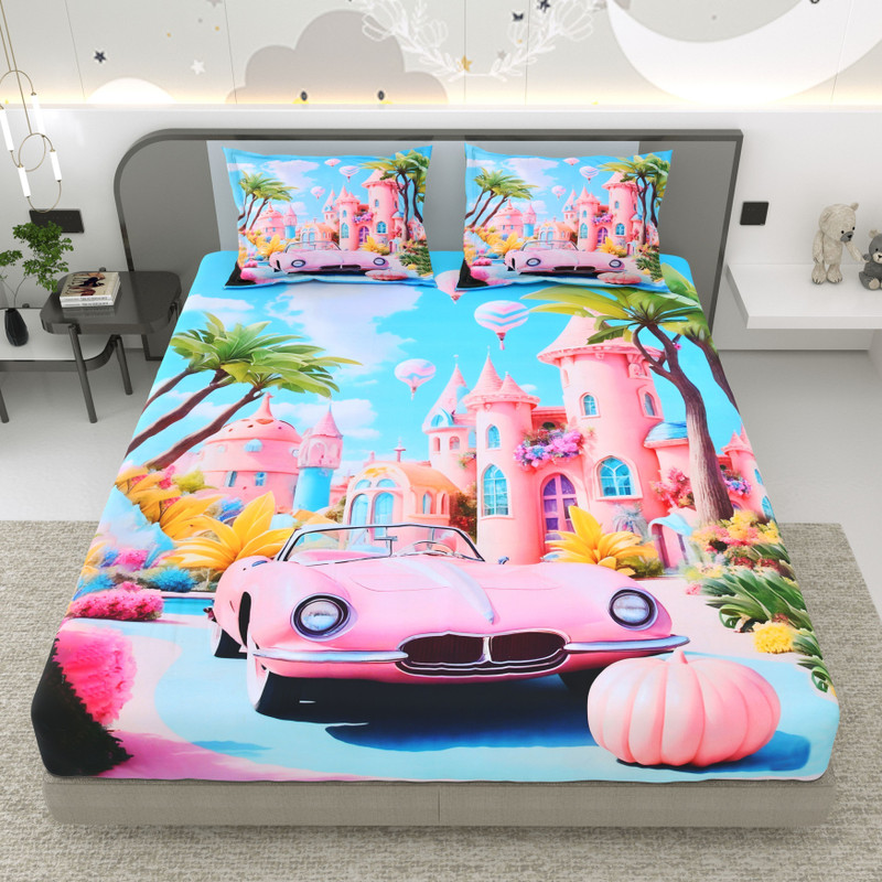 Dream Weaverz Polycotton King Fitted (Elastic) 100 TC 3D Printed 1 Bedsheet with 2 Pillow Covers(Baby Pink)